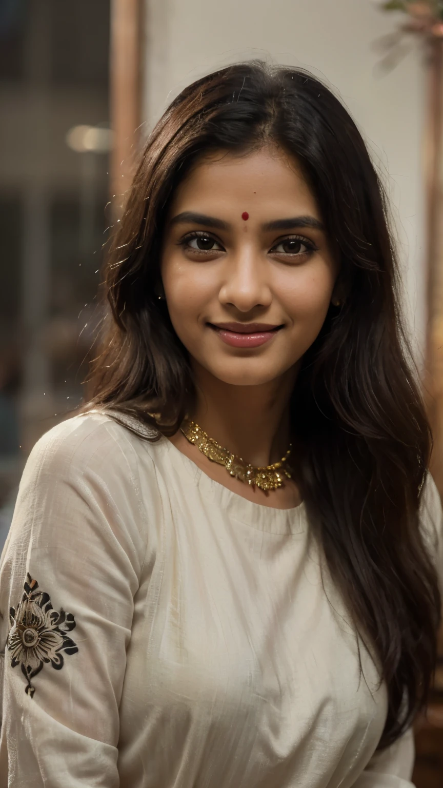 A beautiful Indian girl cute smile full image (best quality,4k,8k,highres,masterpiece:1.2),ultra-detailed,(realistic,photorealistic,photo-realistic:1.37),portrait,Indian girl,cute smile,seducing look,detailed eyes and face,long dark hair,traditional attire,ornate jewelry,decorative henna tattoo,vibrant colors,soft lighting,bokeh black