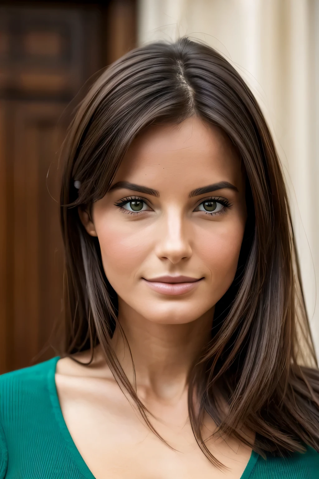portrait, une jolie femme de 25 ans, regarde le spectateur en face , posture droite,brune, cheveux court, yeux vert