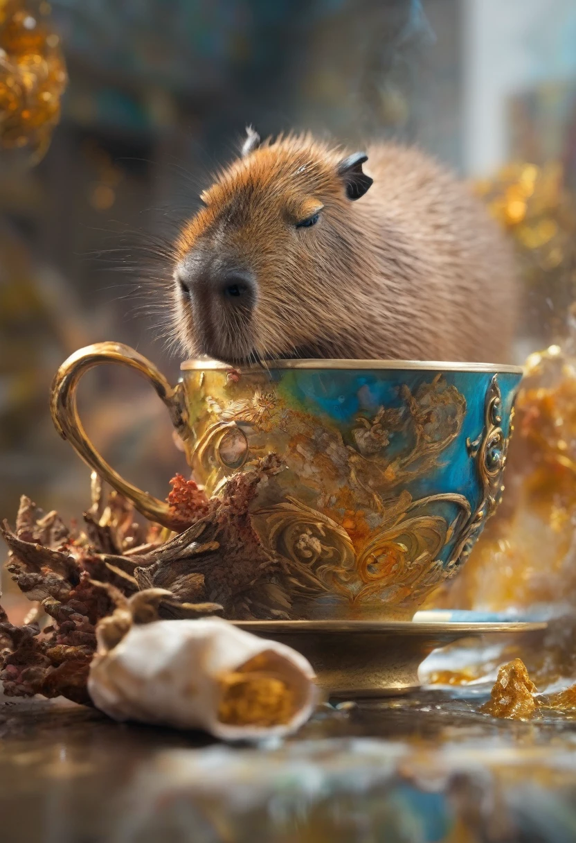 A Capybara, capybara, Capybara sleeping in teacup; cascading sugar;; blowing mist;; cinnamon cobalt and ivory, endless starscape, intricately detailed, fantasy, hyperdetailed, 8k resolution, masterpiece, stunning splash art Jordan Grimmer, Ross Tran,, and Vilijus Vaisvila, crescendo, Beautiful, complex, vibrant, brushstrokes, magical aura, perfect