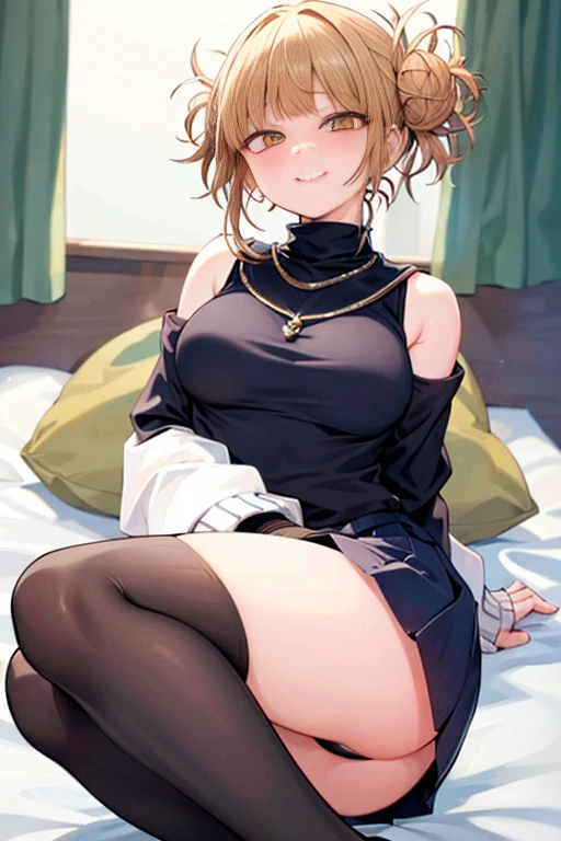 (Light Beige Turtleneck Sleeveless Knit)、pencil skirts、20 year old girl, breasts of medium size,, Tron bulge in the chest、Pinch your chest with your arms、brown haired、Long Wave Hair、hotels room, a necklace、Earring、knee high stockings、 ((Very detailed)), Shy smile、Kamimei、(Perfectly detailed face), (Well detailed hands) Photorealistic images、full body seen、emphasis on the buttocks、lyin in bed