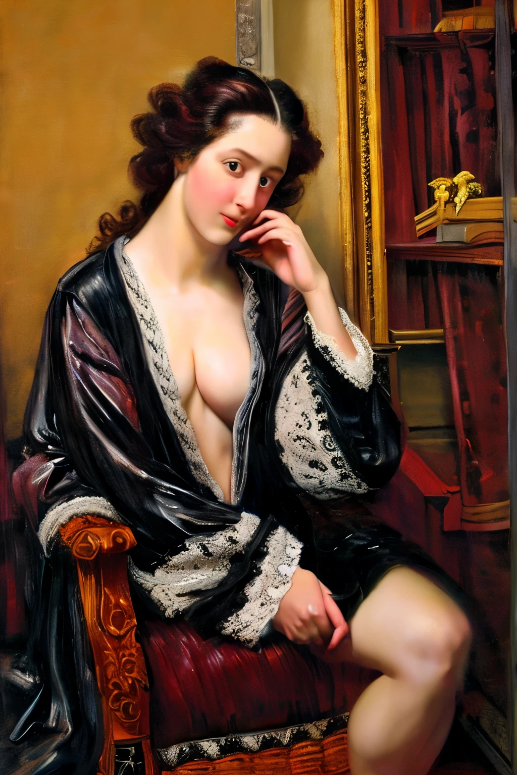 masterpiece,top quality,Super Detail,Girl with a model appearance,Age 23 years,90-65-105,black lace underwear,Lowered bathrobe,Muffled light, room in dark colors,sexuality,reading a book in a chair,Each hand has five fingers