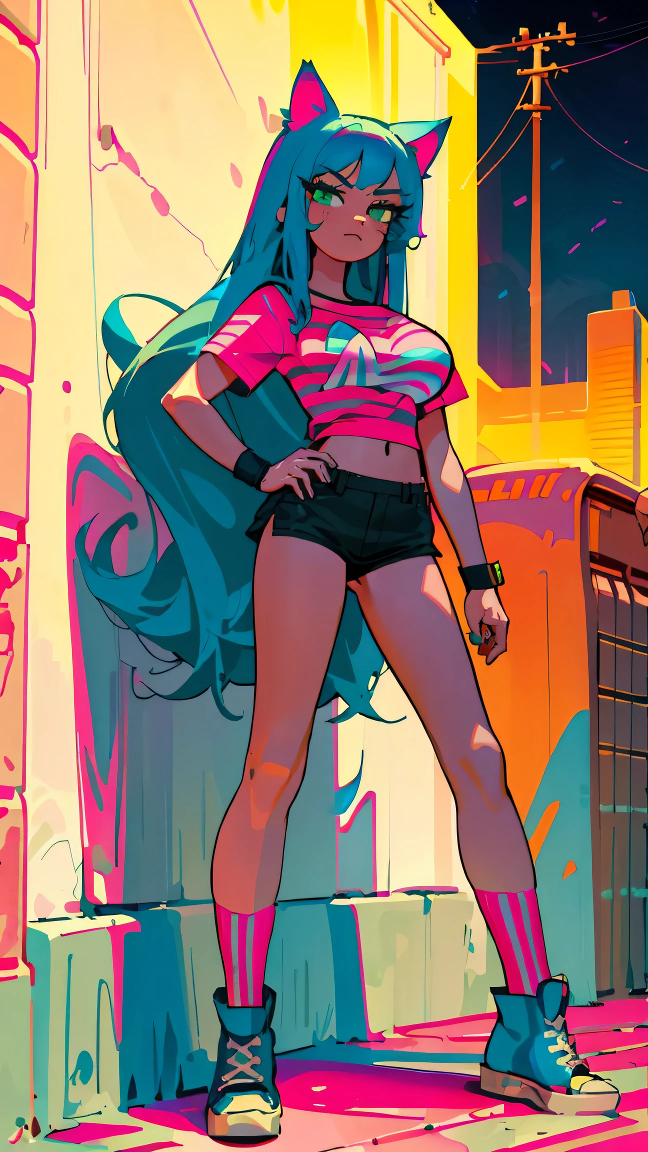 Masterpiece, best quality, high resolution, 1 woman, Long blue hair with pink stripes, smooth, green eyes, Bored face , cat ears , pink t-shirt , black bikini , abdomen, big breasts , Long legs , stand on your hips , canvas shoes , wall , Garbage bags , nighttime