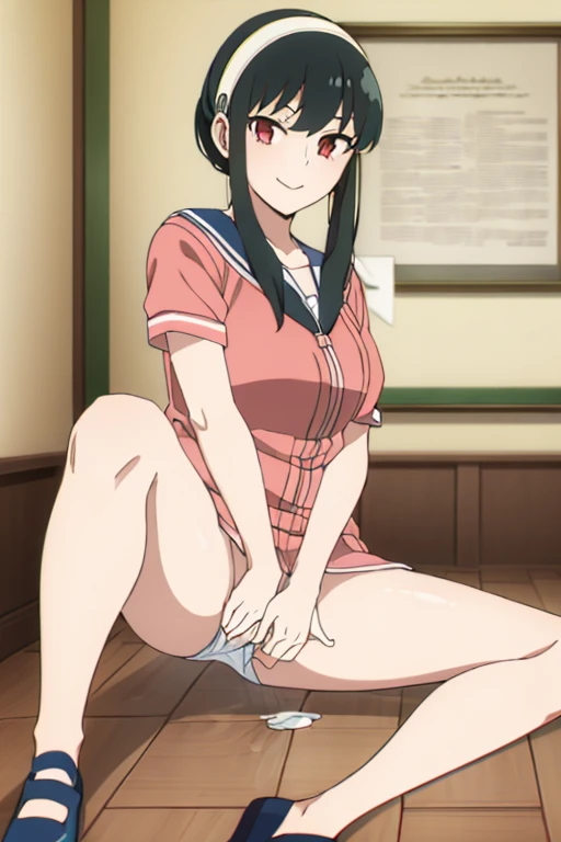 (masterpiece, highest quality: 1.2), alone, 1 girl, alone, ((Cotton panties with crotch)),,(((Squirting))),Sailor suit,your heather, smile, Mouth closed, View your viewers, Long 黒 hair, head band, Earrings, Big Breasts, Medium Waist, Medium Hips, wide thighs, Embarrassing, charm, smiling with her Mouth closed, Good move...., Excellent anatomy,Browsing Caution,classroom,,Sailor suit,,(((put your hand inside your panties))), (( Masturbating by touching the vagina with your fingers)), love juice spilling on the floor, liquid splashing from girl'Between the legs,whole body,nsfw,sitting on desk,love juice spilling on the floor, liquid splashing from girl'Between the legs,