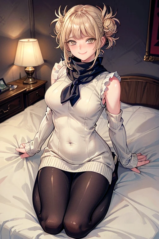 (Light Beige Turtleneck Sleeveless Knit)、pencil skirts、20 year old girl, breasts of medium size,, Tron bulge in the chest、Pinch your chest with your arms、brown haired、Long Wave Hair、hotels room, a necklace、Earring、knee high stockings、 ((Very detailed)), Shy smile、Kamimei、(Perfectly detailed face), (Well detailed hands) Photorealistic images、full body seen、emphasis on the buttocks、lyin in bed