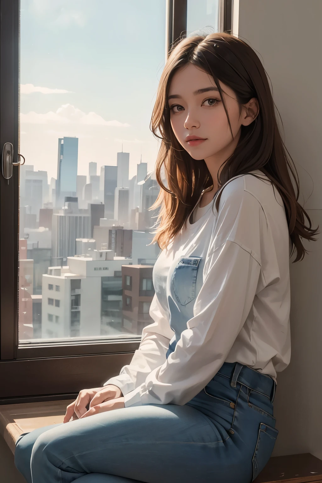 A woman with a and jeans is sitting on a windowsill, looking out at the city skyline. The background is painted in soft pastel colors, and the woman’s features are loosely sketched in with watercolor