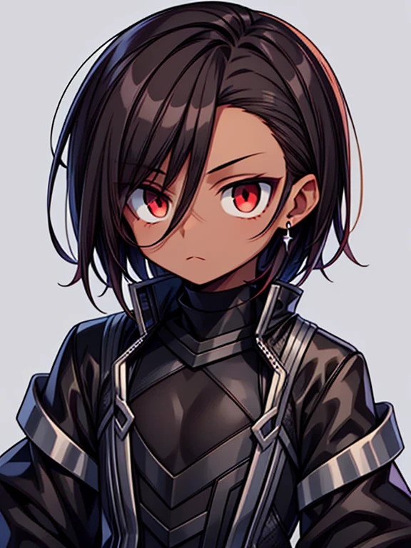 dark skin, male, medium dark brown hair, big red eyes and a very  androgynous face, wearing a black armoured taimanin_suit,