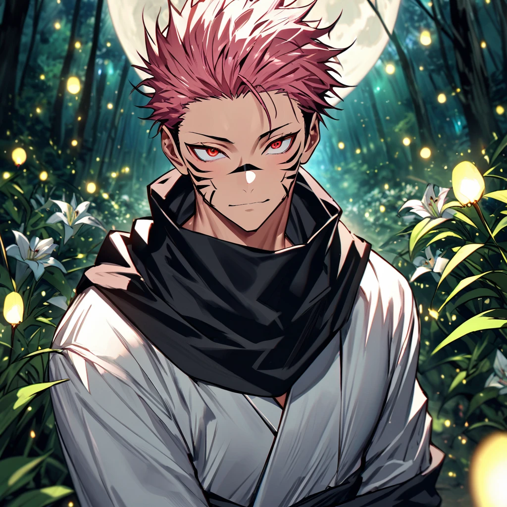 absurdres, highres, ultra detailed, HDR, masterpiece, best quality, Ryomen Sukuna, black hair, expressive red eyes, Jujutsu Kaisen, solo, sexy man, handsome, black scarf, white kimono, red blood water, purple moon, magical, pink hairs, yuji Itadori's body takeover