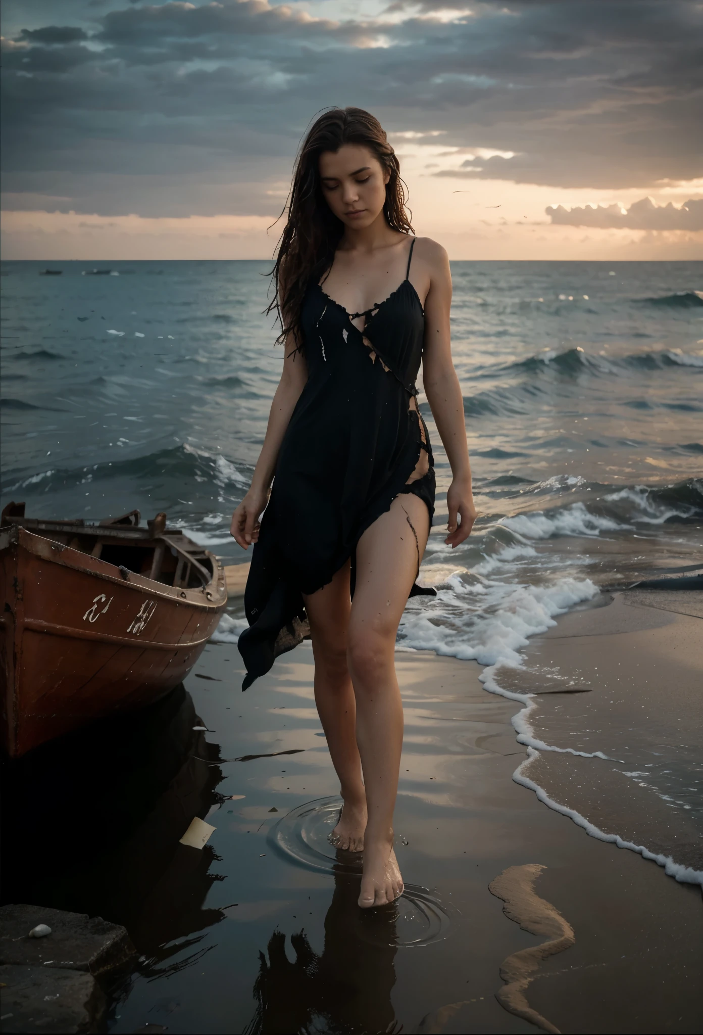 reference sheet: 1.8, great details, high quality, masterful work, a beautiful girl walks along the surface of the water at dusk, gloomy atmosphere, wet dress, gloomy background, River, stones, Dry trees, girl in a wet dress, barefoot, bare legs, got lost, girl in search, in a torn dress, torn clothes, torn fabric, pieces of cloth, came ashore after a shipwreck, shipwrecks float in the distance, wounds and abrasions on the body, walks and limps, in search of accommodation and food, a seriously wounded girl in scraps of dress and torn fabric, holds the wet hem of her dress with one hand, wounded body, seriously wounded girl can barely walk, boat from the side, ship wreck boat wreck