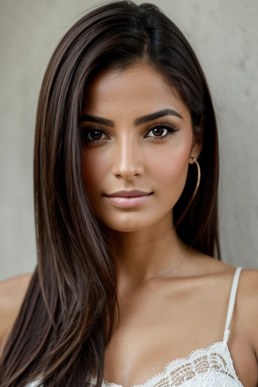 portrait, une jolie femme mexicaine de 25 ans, regarde le spectateur en face , posture droite,brune, cheveux court, yeux vert, seulement la partie du visage tres droit