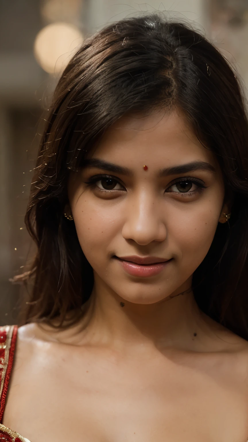 A beautiful Indian girl cute smile full image (best quality,4k,8k,highres,masterpiece:1.2),ultra-detailed,(realistic,photorealistic,photo-realistic:1.37),portrait,Indian girl,cute smile,seducing look,detailed eyes and face,long dark hair,traditional attire,ornate jewelry,decorative henna tattoo,vibrant colors,soft lighting,bokeh black (full size potrait)