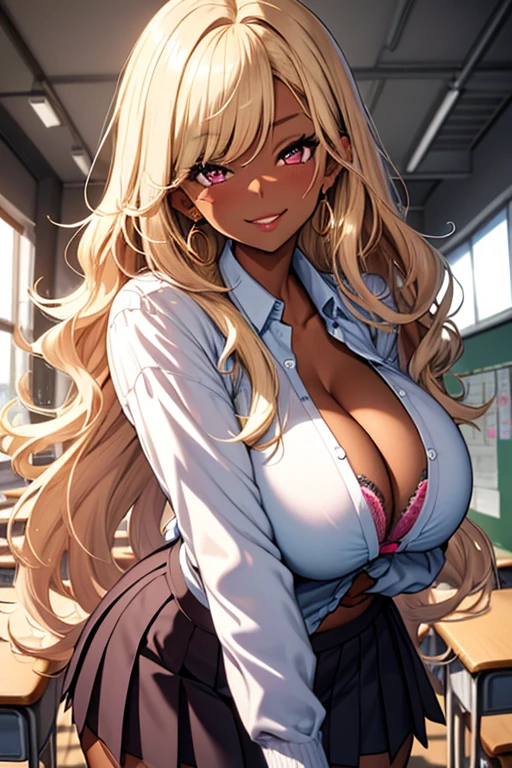 (masterpiece, best quality), 1girl, Miss, Tall, Fit, Square Face, Dark Skin, blonde Hair, pink Eyes, Straight Nose, full Lips, Receding Chin, Long Hair, Wavy Hair, gyaru hair, highlights in hair, large breasts, earrings, lipstick, gyaru, short school skirt, school shirt, deep cleavage, bra peek, wide hips, indoors, school classroom, detention, showing off cleavage, (facing viewer), voluptuous, presenting cleavage, (view from front), breast squish, (breasts grab by self), breast lift, mischevous, smiling, solo,