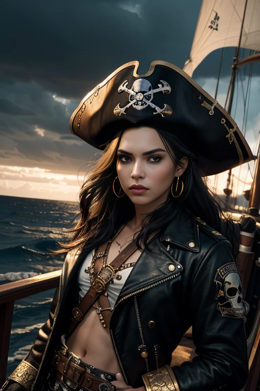 (best quality,4k,8k,highres,masterpiece:1.2),ultra-detailed,black long hair,beautiful detailed eyes,pouty lips,piercing gaze,confident expression,pirate hat with skull and crossbones,leather jacket with golden buttons,golden earrings, a see through white shirt, pirate sword,ship in the background,stormy sky,gritty and realistic,high contrast lighting,strong shadows and highlights,dramatic atmosphere,warm color tones,moody and intense,swashbuckling adventure