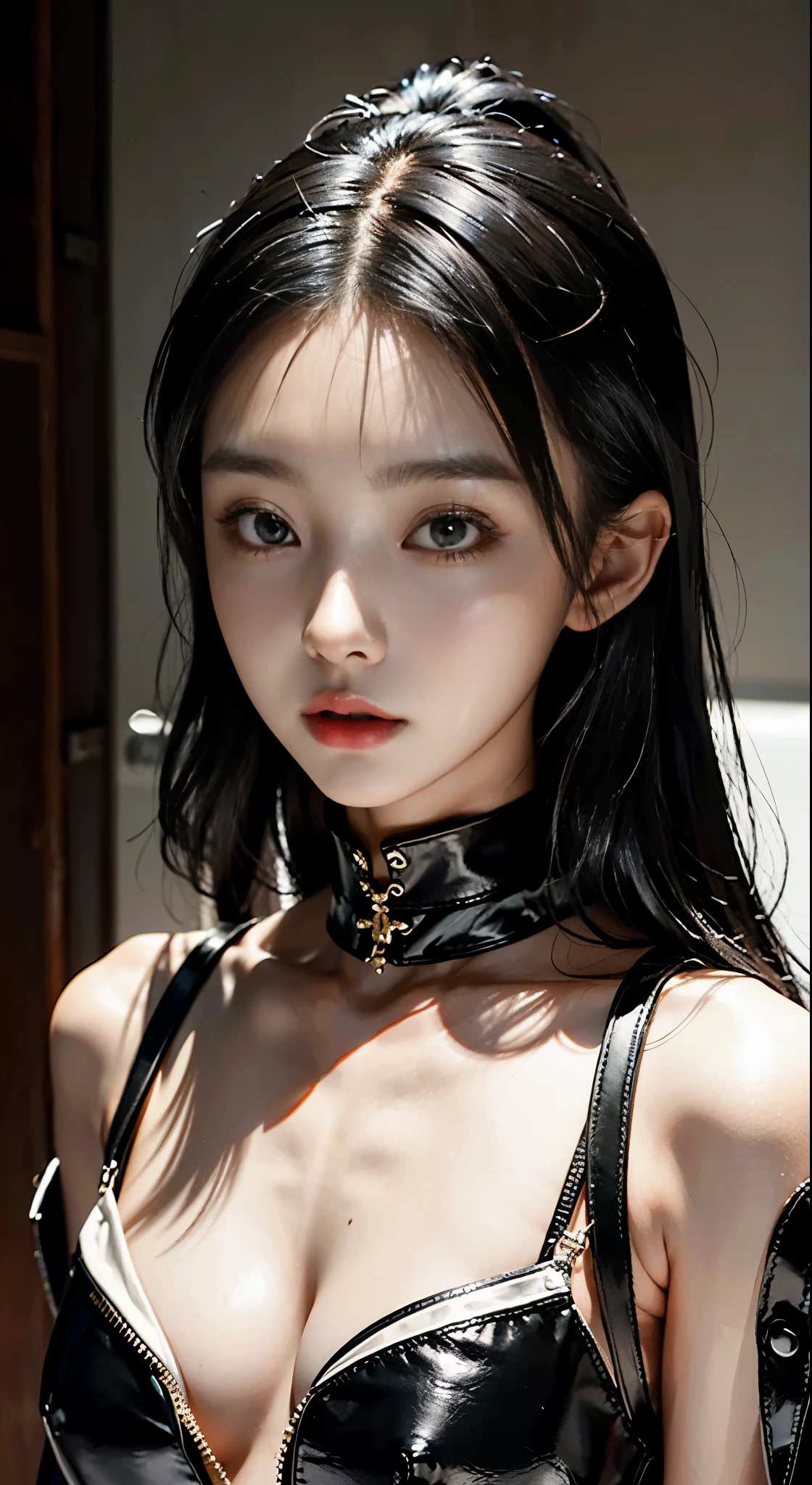 Asian woman in black leather top posing for photo, Beautiful Chinese model, Most models | Type Germ, Brutal korean goth girl, Portrait of a Korean female idol, Gorgeous young Korean woman, Korean Girl, wlop glowing skin, Beautiful Korean woman, inspired by Yanjun Cheng, Practical. cheng yi, Long hair and sharp eyes