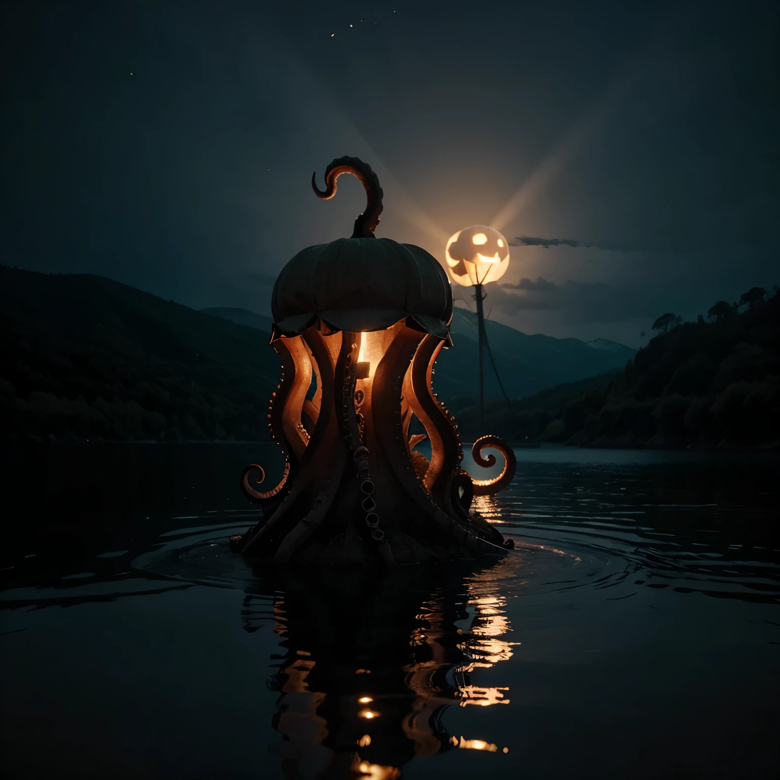 A caguro with octopus tentacles in a spooky lake