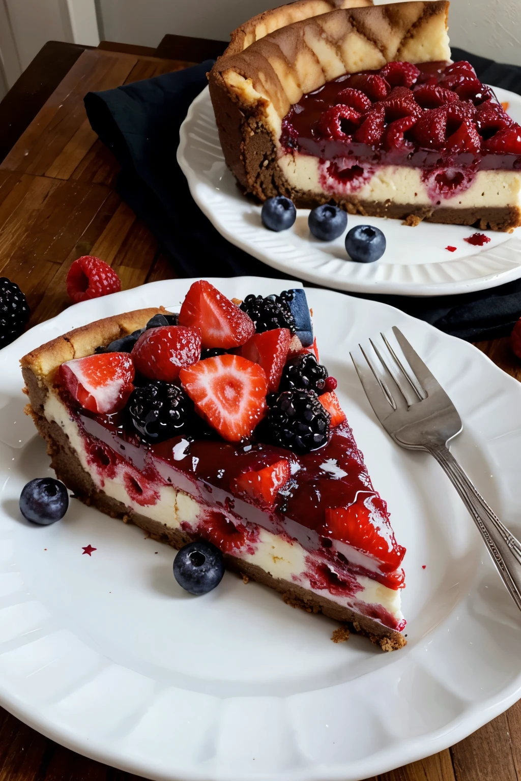 Baked New York Cheesecake slice with Mixed Berries on top of cake , blue plate