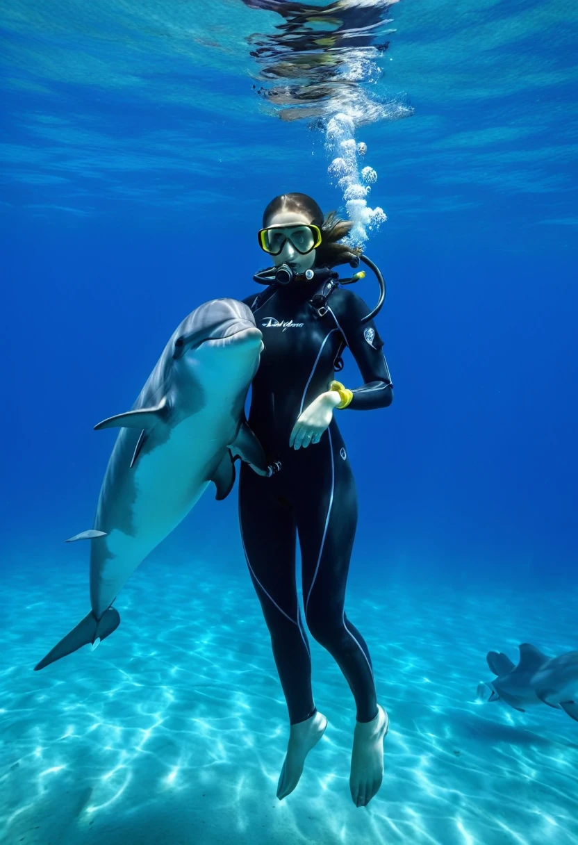 a Diving suit girl underwater face to face with a cute dolphin, (masterpiece, best quality, Professional, perfect composition, very aesthetic, absurdres, ultra-detailed, intricate details:1.3)
