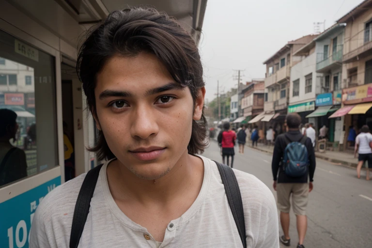 A photograph of man in India , vlog camera in hand , people around , at bus stop , 20 yo, handsome, detailed face, people reaction at bus , portrait,