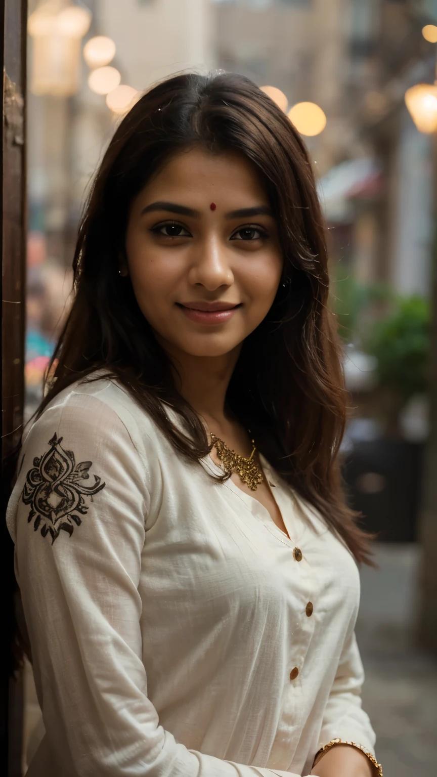 A beautiful Indian girl cute smile full image (best quality,4k,8k,highres,masterpiece:1.2),ultra-detailed,(realistic,photorealistic,photo-realistic:1.37),portrait,Indian girl,cute smile,seducing look,detailed eyes and face,long dark hair,traditional attire,ornate jewelry,decorative henna tattoo,vibrant colors,soft lighting,bokeh black (full size potrait)