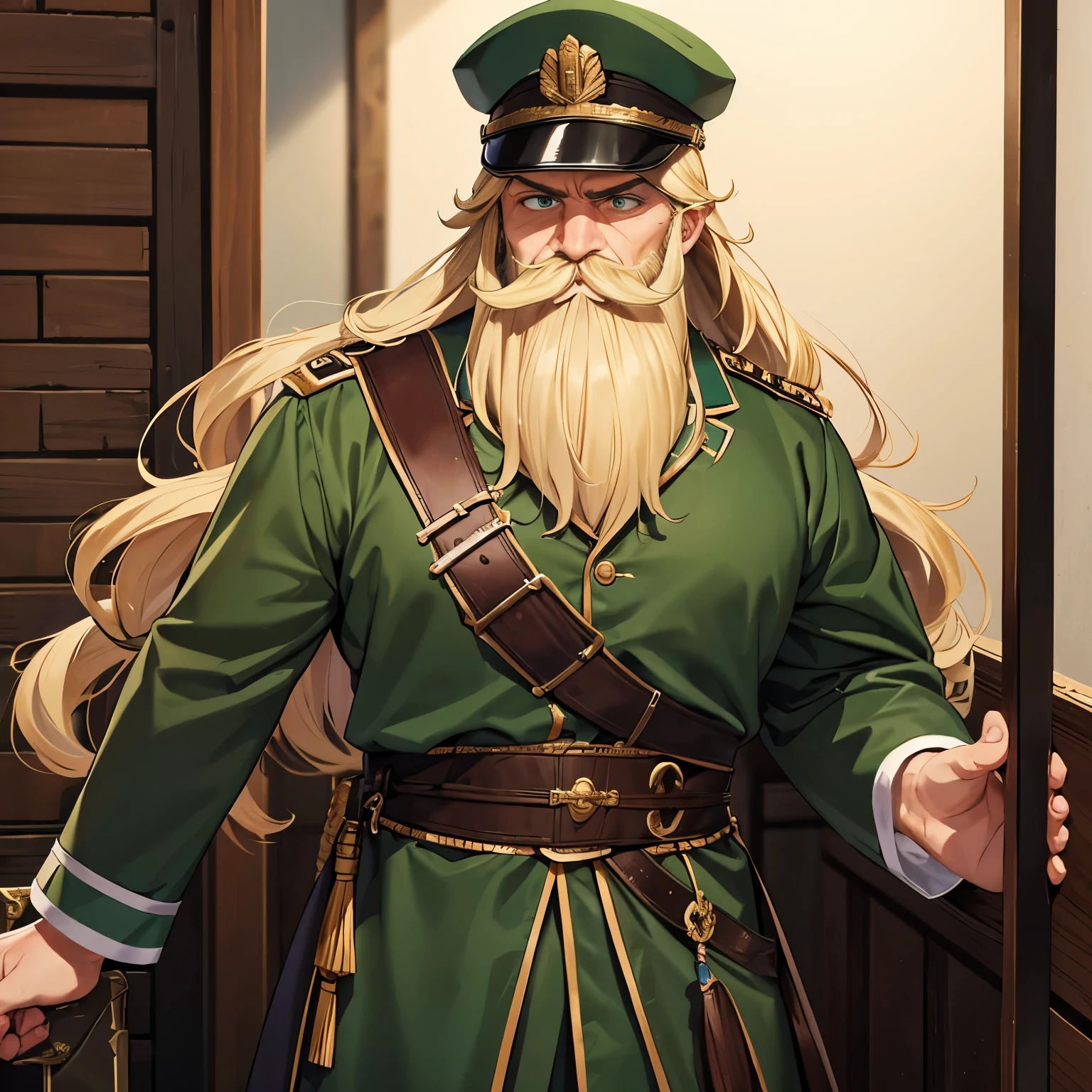 Nobleman,Adult male, 40 years old, mustache and beard, muscular, green eyes, head of the center, blonde hair, long hair, fierce, general's clothes, Standing, imprisoned underground, green general's clothes,Black general's hat