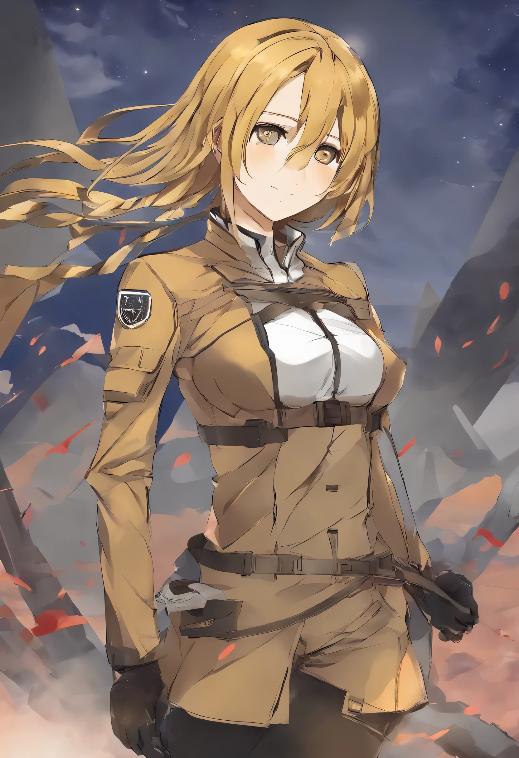 una chica de cabello rubio, con ojos color miel y cejas delgadas, a mole under his left eye and a scar on his eyelid, with a slim and robust build in the chest and legs, del anime Shingeki no kyojin, riding a horse in the costume of the reconnaissance legion. a un lado de ella Levi Ackerman, al otro lado Eren