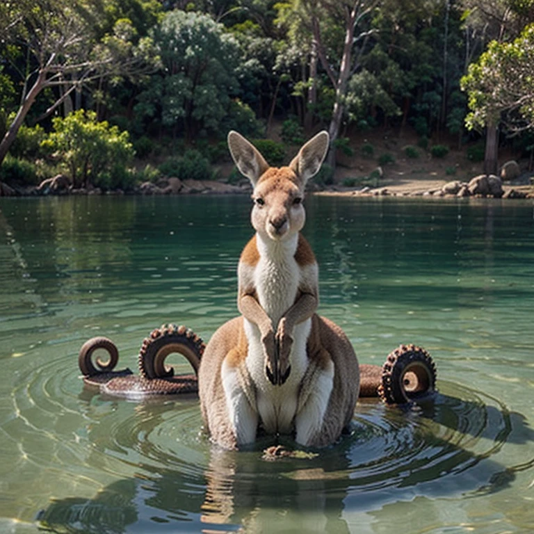 A kangaroo with octopus tentacles in a lake