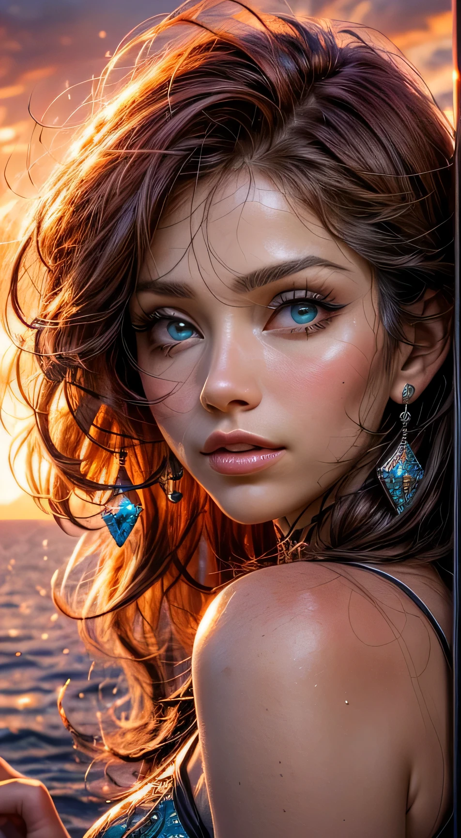 A close-up of a Elsa Pataki face, bathed in warm orange hues, as if lit by the soft glow of a sunset, her eyes sparkling with joy and contentment, framed by wisps of flowing auburn hair, Photography, shot with a 35mm lens