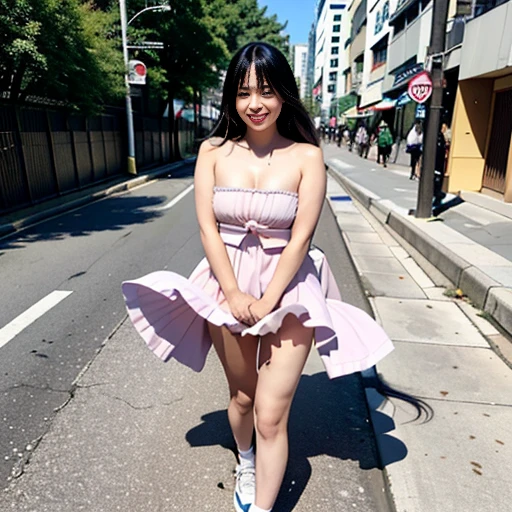 (Best Quality, 8K, 32K, masutepiece, nffsw:1.2),phot of a beautiful Japanese women,1 woman, (mournful smile,blush:1.1),Looking at Viewer,(Dress skirt:1.2),Detailed legs,(Spread legs:1.2),(White panties:0.9),(wind lift:1.6), Full body,Windy,In the street、Walk through the vents、subway