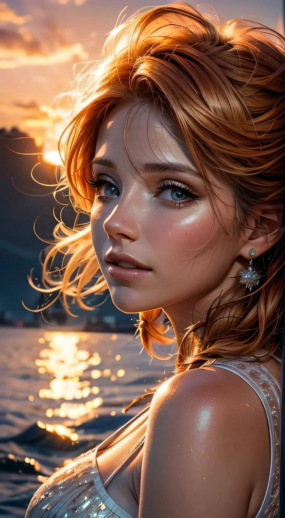 A close-up of a Elsa Pataki face, bathed in warm orange hues, as if lit by the soft glow of a sunset, her eyes sparkling with joy and contentment, framed by wisps of flowing auburn hair, Photography, shot with a 35mm lens