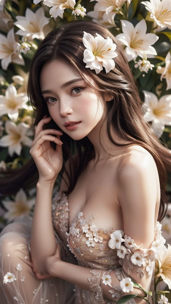 ((((8k))),((Extremely detailed CG)) ,(wallpaper),16k,((Very sophisticated and beautiful)),(((masterpiece))),(((highest quality))),(((Ultra-high resolution))),Mysterious natural light,(Realistic scenery:1.4),Single-lens reflex camera,break, ((1 girl)),24-year-old Japan beauty,(Sensual look:1.2),(Gradient brown hair,Shiny Hair,Innovative hairstyle:1.2),light makeup,Simple and natural makeup,double eyelid,Beautiful Eyes,Beautiful Eyes,Soft white skin that shines in every detail,Pale skin,Golden Ratio Face,Very well-shaped face,Detailed information,Lips Detail,Glossy, beautiful lips,Glossy lips,break,(8 heads,Perfect figure),(Beautiful clavicle,Beautiful C Cup Breasts),(Strapless nightgown made of flower petals,Visible butt:1.3),(Mr.々Colorful flowers,Fully decorated:1.3),(Long legs,Big firm waist:1.3),break,((Lobelia flower field,Flowers in full bloom,Pasture)),Lying down,Lying down,Photograph the whole body,Shot from above