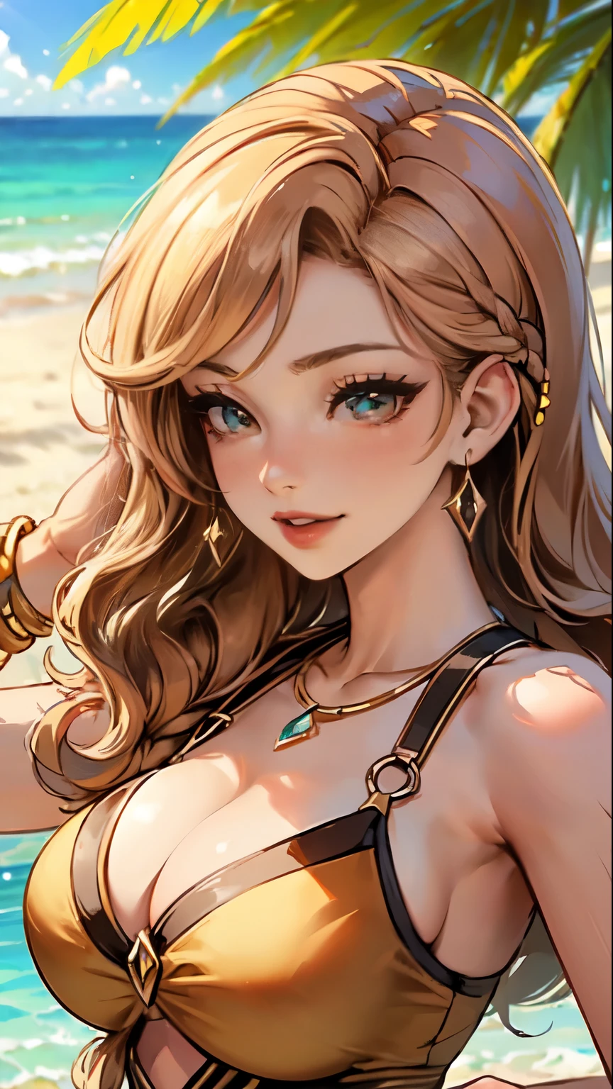 (best quality,4k,highres,masterpiece:1.2),ultra-detailed,realistic,professional,aesthetic,portrait,composition,beauty,Moana,wavy hairstyle,mesmerizing eyes,curved lips,radiant smile,flawless skin,tropical theme,beach background,summer vibes,vibrant colors,sun-kissed glow,bronze makeup,fashionable outfit,sand between toes,sea breeze,best photographer,perfect lighting,fantasy-like atmosphere,serene expression,pure elegance,confidence,graceful pose,eye-catching accessories,natural beauty,captivating gaze,powerful energy,artistic angle,creative concept,candid shots,unforgettable moments