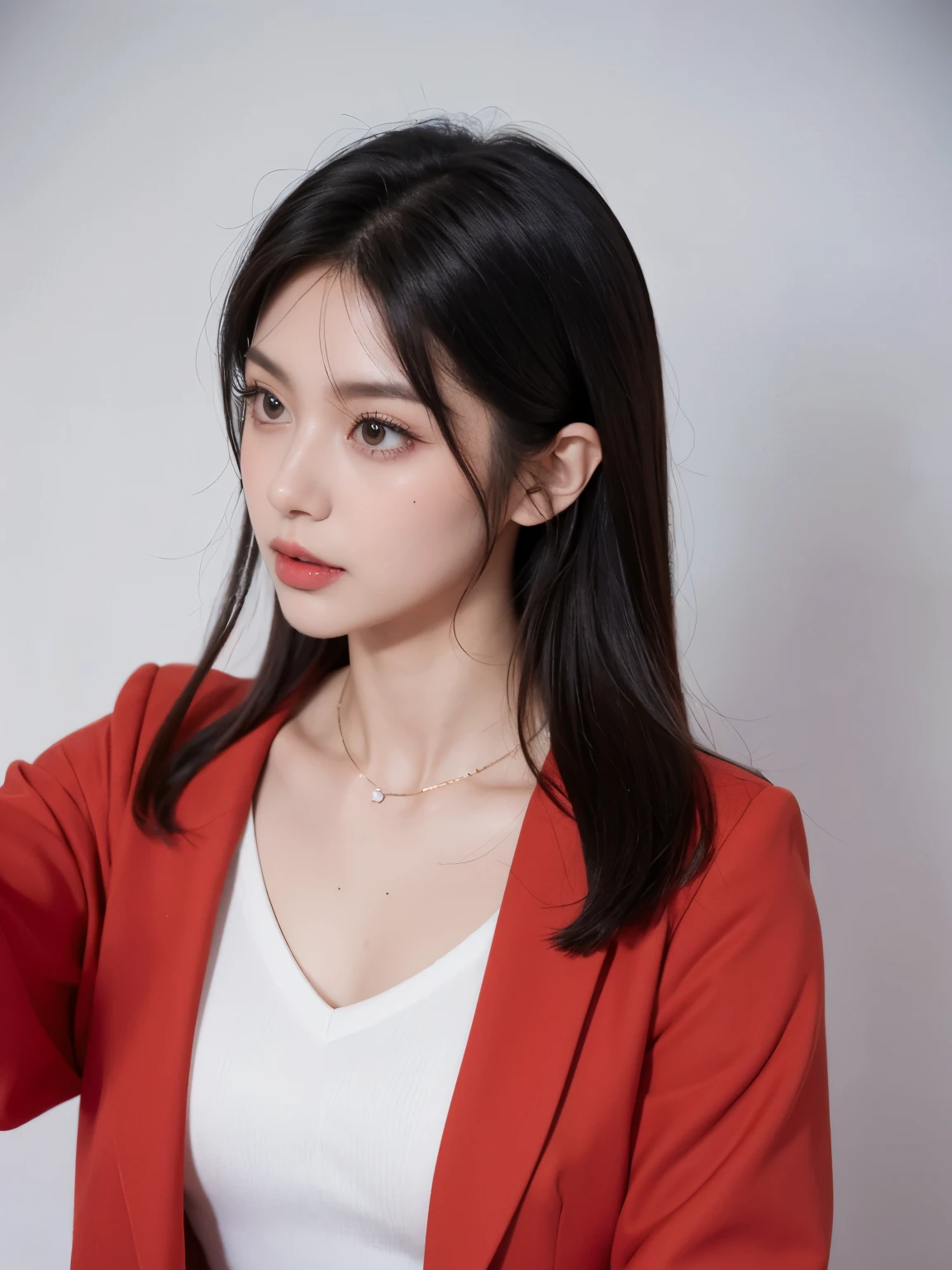 Kim jennie con el cabello negro oscuro, con rulos en las puntas del cabello negro oscuro, con un ganchito de estrella en el cabello negro oscuro, ojos de color claro, ojos bonitos, ojos llorosos, nariz bonita y respingada, labios bonitos, labios rosas, heart and cupid shaped lip, piel bonita, pale, piel blanca, con lunares y pecas en todo el rostro, rubor rosa suave en las mejilla, rubor rosa natural, maquillaje suave y rosa, jennie, cuellos bonito, cuello marcado, frown, mirada enojada, con un collar de beso, un collar bonito de beso, mientras tiene un traje de Yumeko Jabami, cospaly de Yumeko Jabami, mientras tiene una camisa blanca, con tiene un traje de color rojo encima de su camisa blanca, apretado a su cuerpo, con una falta negra corta mientras tiene el abdomen desnudo, delgado, marcado y bonito, (pechos grandes, pechos suaves, pechos bonitos, pechos naturales), mientras esta haciendo cospaly del personaje Yumeko Jabami, del anime Kakegurui, mirando a la camara, autofoto, selfie bonita