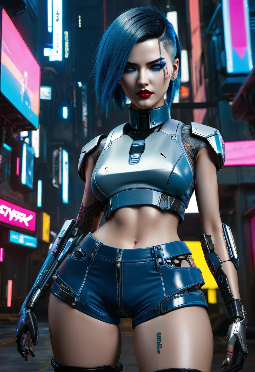 Hyper realistic photo Realism CG 8K mecha cyberpunk 2077, perfect face, thin curved eyebrows, eyeliner, dark eye shadow, vibrant lipstick, perfect makeup, half shaved hair, Mecha cyborg arms, tattered croptop, slinder perky breast, short booty shorts, (butt crack:1.0), mecha cyborg legs, in the world of Cyberpunk 2077, neon blue sapphire eyes,