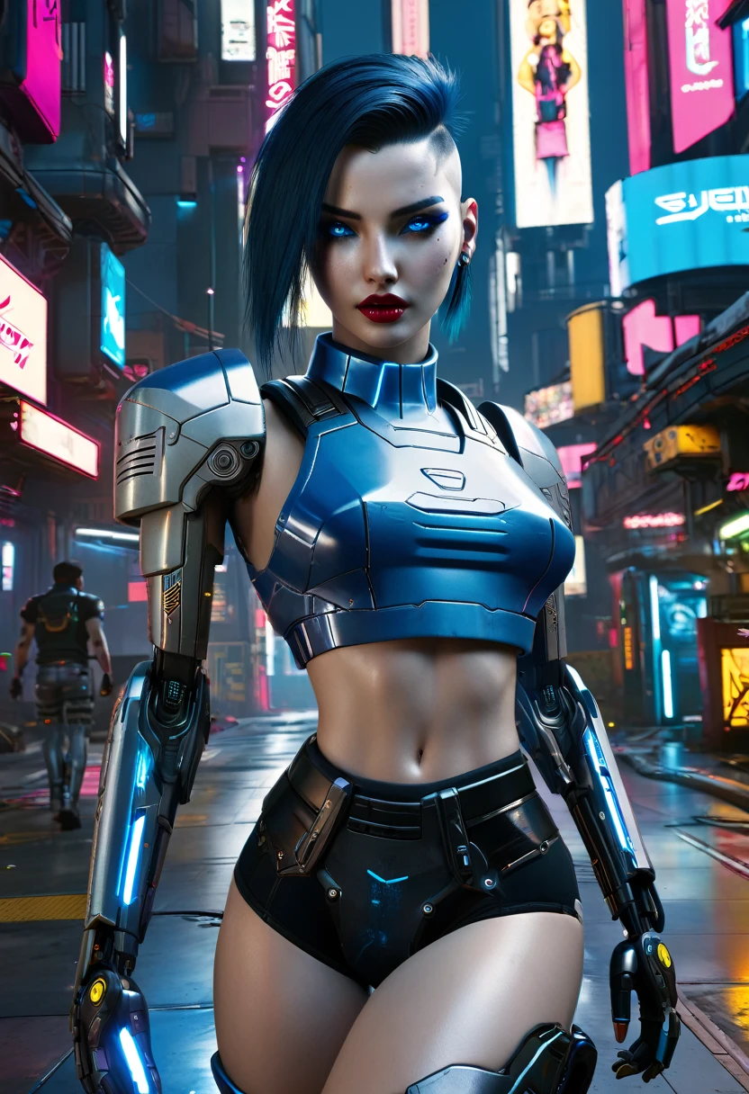 Hyper realistic photo Realism CG 8K mecha cyberpunk 2077, perfect face, thin curved eyebrows, eyeliner, dark eye shadow, vibrant lipstick, perfect makeup, half shaved hair, Mecha cyborg arms, tattered croptop, slinder perky breast, short booty shorts, (butt crack:1.0), mecha cyborg legs, in the world of Cyberpunk 2077, neon blue sapphire eyes,