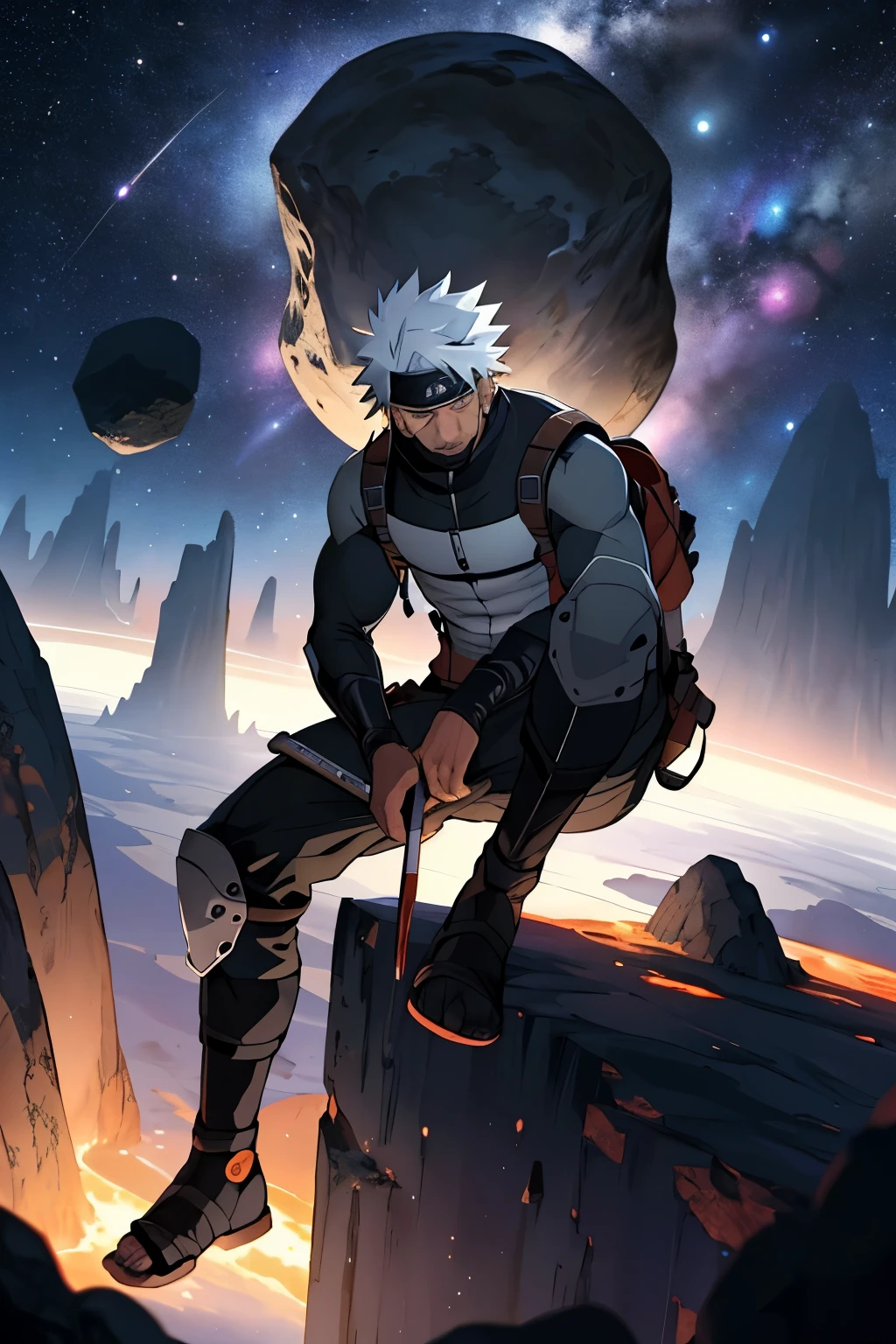 Drawing a young programmer, Sitting on a floating research platform in the middle of an asteroid belt. He is studying using a notebook, It is surrounded by several asteroids that emit a fiery aura.. Dramatic light from distant stars and planets illuminates the scene, Cast a deep shadow on the suit. Young people seem confident and determined, Gaze with wonder and reverence at the vast and mysterious universe,Facial hair, Cowboy Shot,Kakashi Hatake's face from Naruto