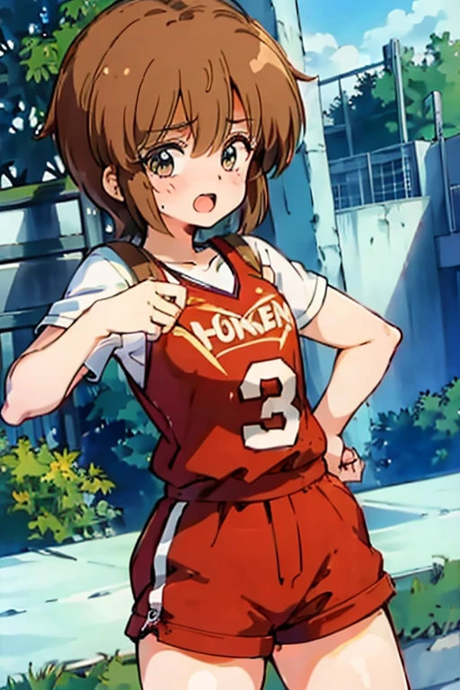 1 girl, hiyama Hikaru standing, sweating, basketball jersey, sexy