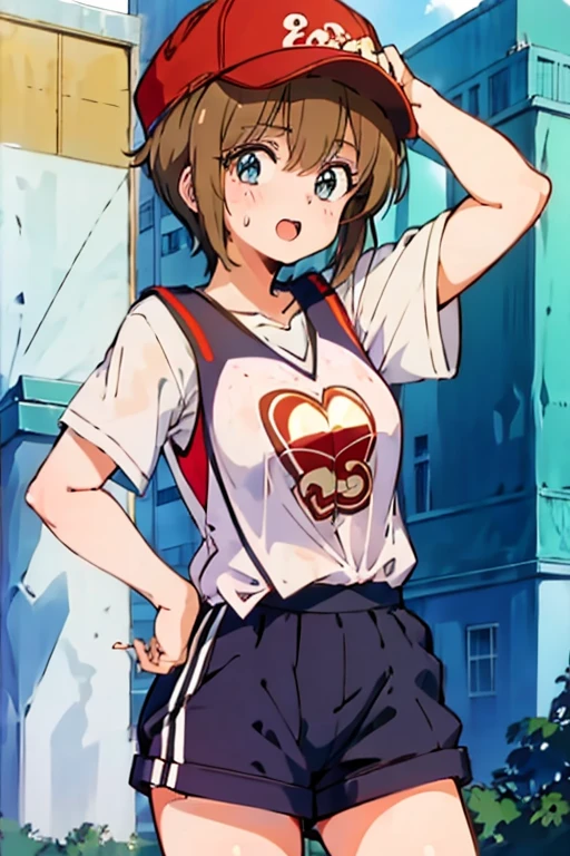 1 girl, hiyama Hikaru standing, sweating, basketball jersey, sexy