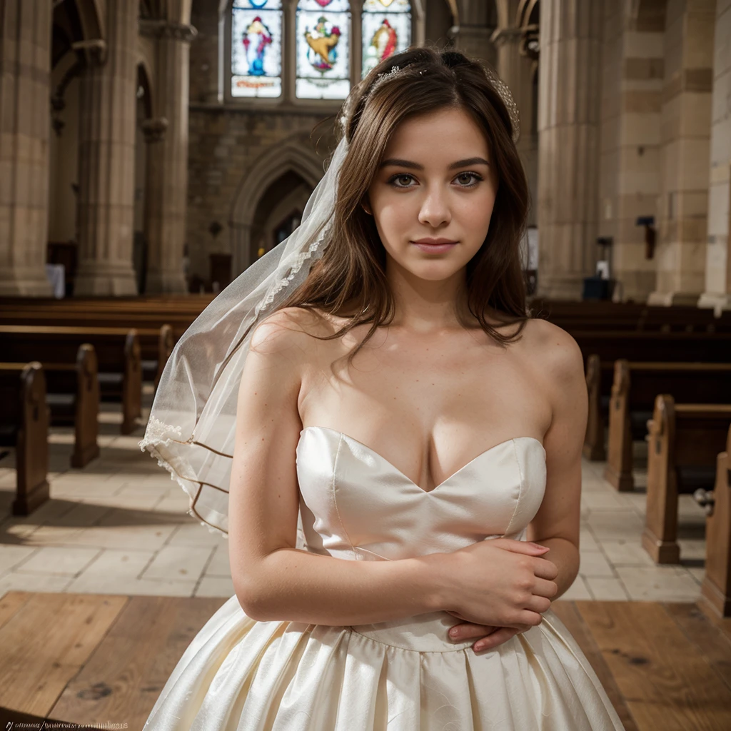 jeune femme de 25 ans, brune, professional lighting, flash lighting, in a church, wearing a class wedding dress, princess dress