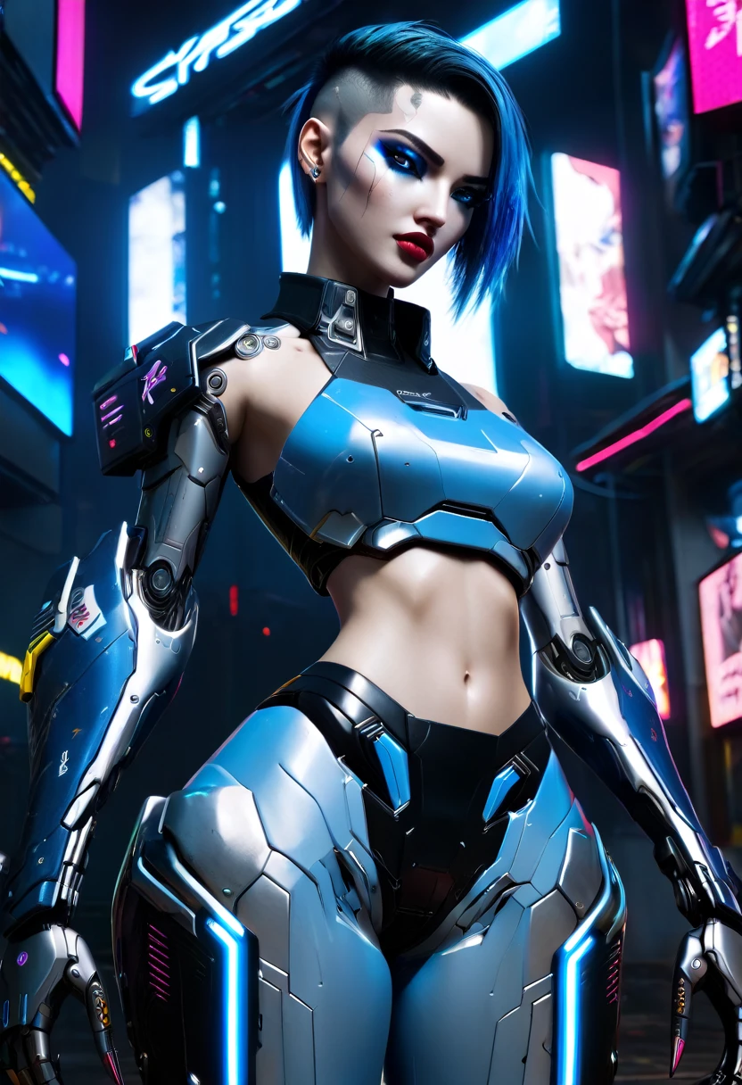 Hyper realistic photo Realism CG 8K mecha cyberpunk 2077, perfect face, thin curved eyebrows, eyeliner, dark eye shadow, vibrant lipstick, perfect makeup, half shaved hair, Mecha cyborg arms, tattered croptop, slinder perky breast, short booty shorts, (butt crack:1.0), mecha cyborg legs, in the world of Cyberpunk 2077, neon blue sapphire eyes,