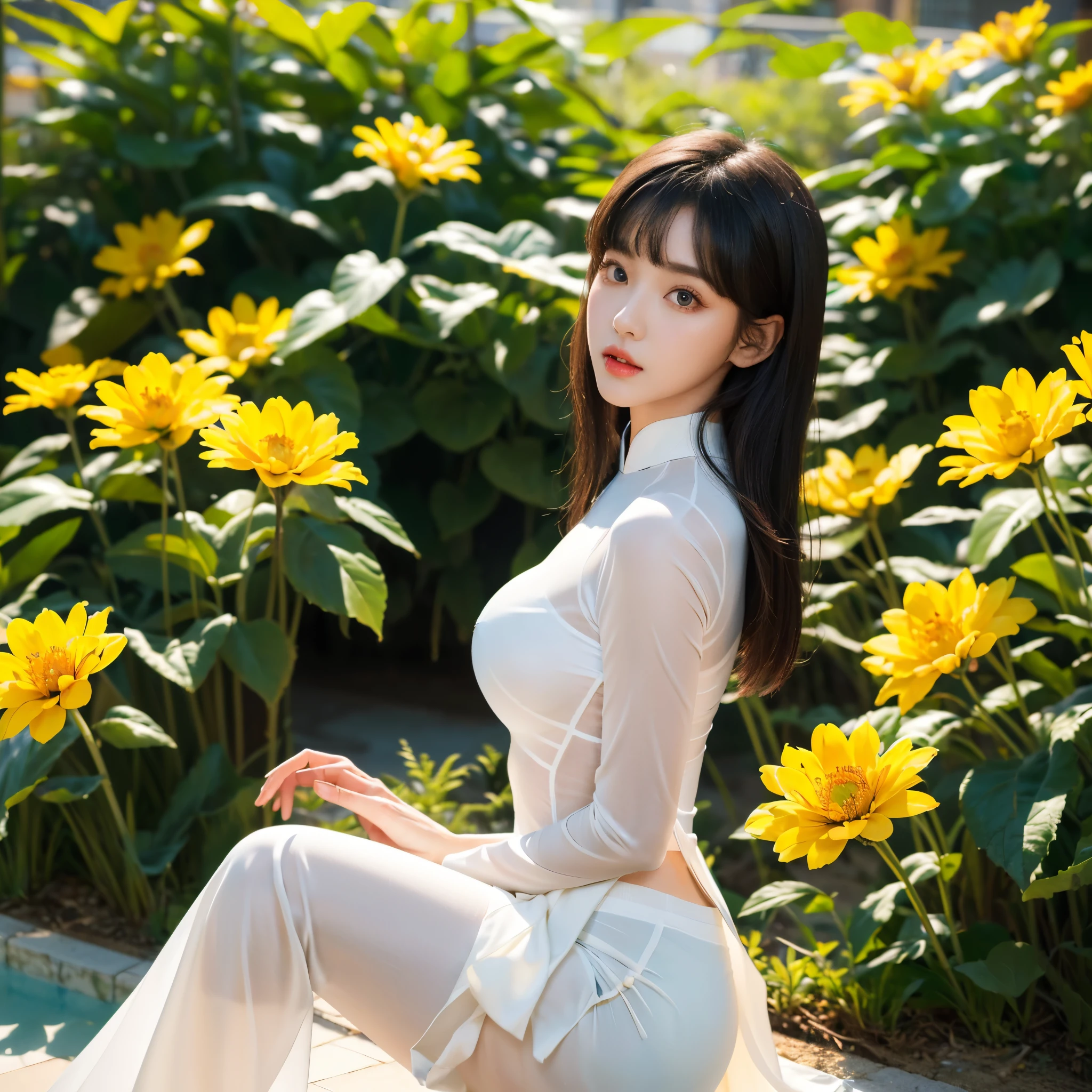 (Best Quality, Masterpiece:1.4), (Realism:1.2), (Realisitc:1.2), (Absurdres:1.2), (photorealistic:1.3), 1 girl,Realistic Skin,Solo,( Very Big Eyes,beautiful detailed eyes, symmetric eyes,), Bangs,Yellow ao dai,Slim Waist ,Side SPlit,Garden,SunShine,Flowers,big breasts,black bra