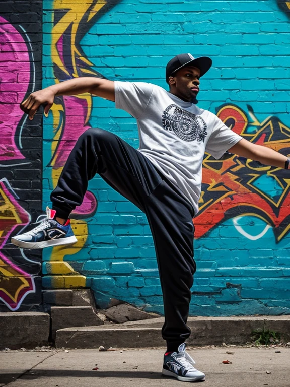 (One man),(Street Dance),((Street Dancer)),south bronx hiphop, hip hop, wrap ,Graffiti art, against the backdrop of the city, Intricate details, Super detailed , Cinema Soft Light, Exposure Blending, Dynamic Range, front