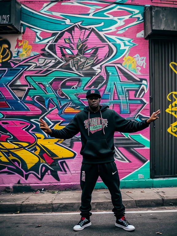 (One man),(Street Dance),((Street Dancer)),south bronx hiphop, hip hop, wrap ,Graffiti art, against the backdrop of the city, Intricate details, Super detailed , Cinema Soft Light, Exposure Blending, Dynamic Range, front