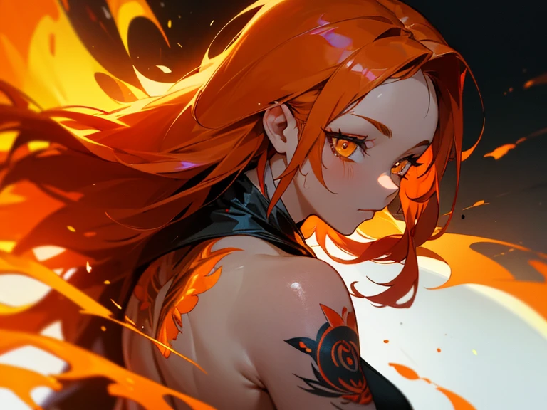 (best quality) (close up) girl with fire for hair that flows over and down her back looking over her shoulder, yellow and dark orange eyes of fire intensely staring, fire tattoos on her face, fire tattoos, tattoos, HDR, 4K, Ultra high detail.