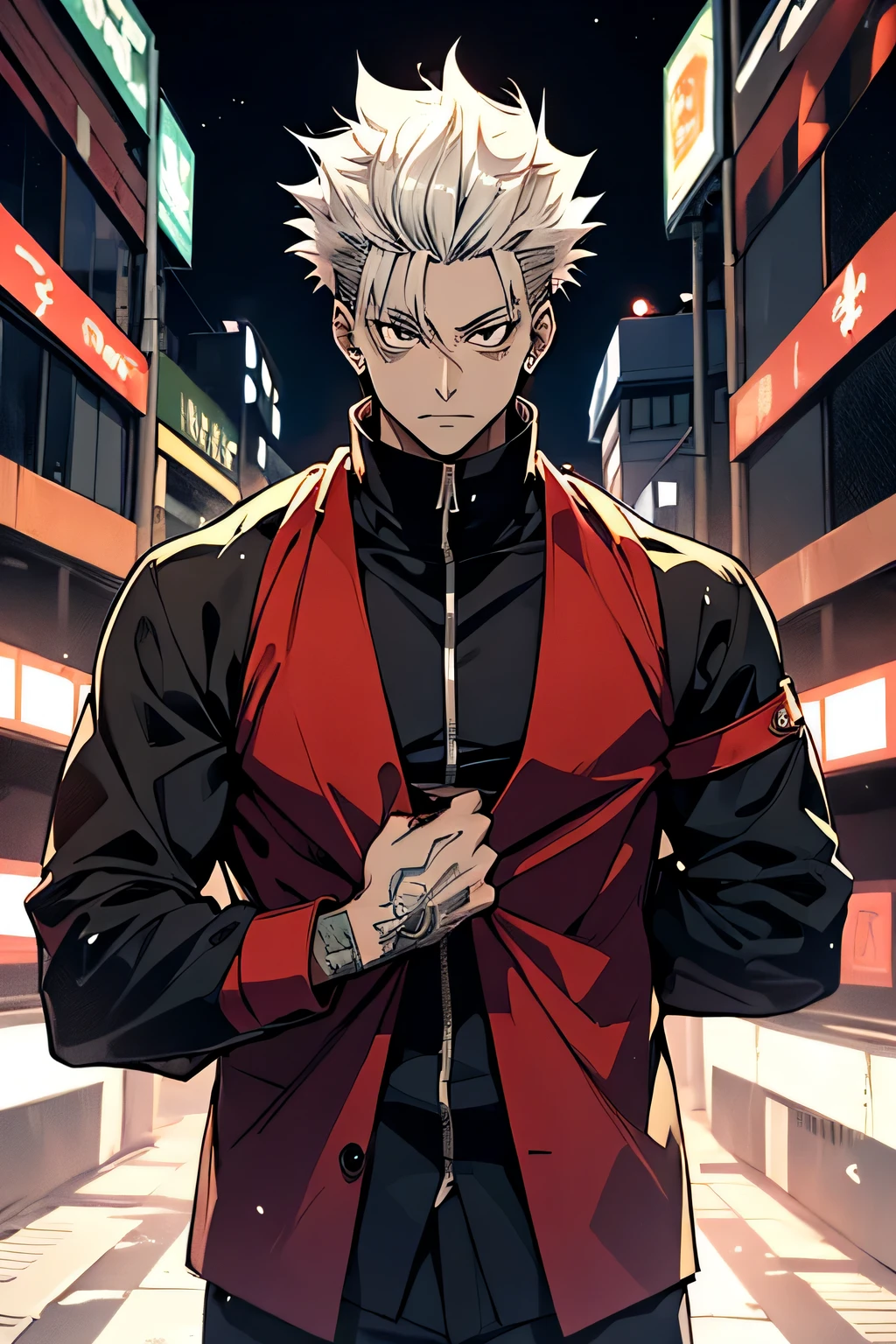 Personagem masculino moreno inspirado em Sukuna ( Jujutsu Kaisen ), cabelo preto, Neck tatoo, adolescente, roupa preta sem vermelho com ziper no meio