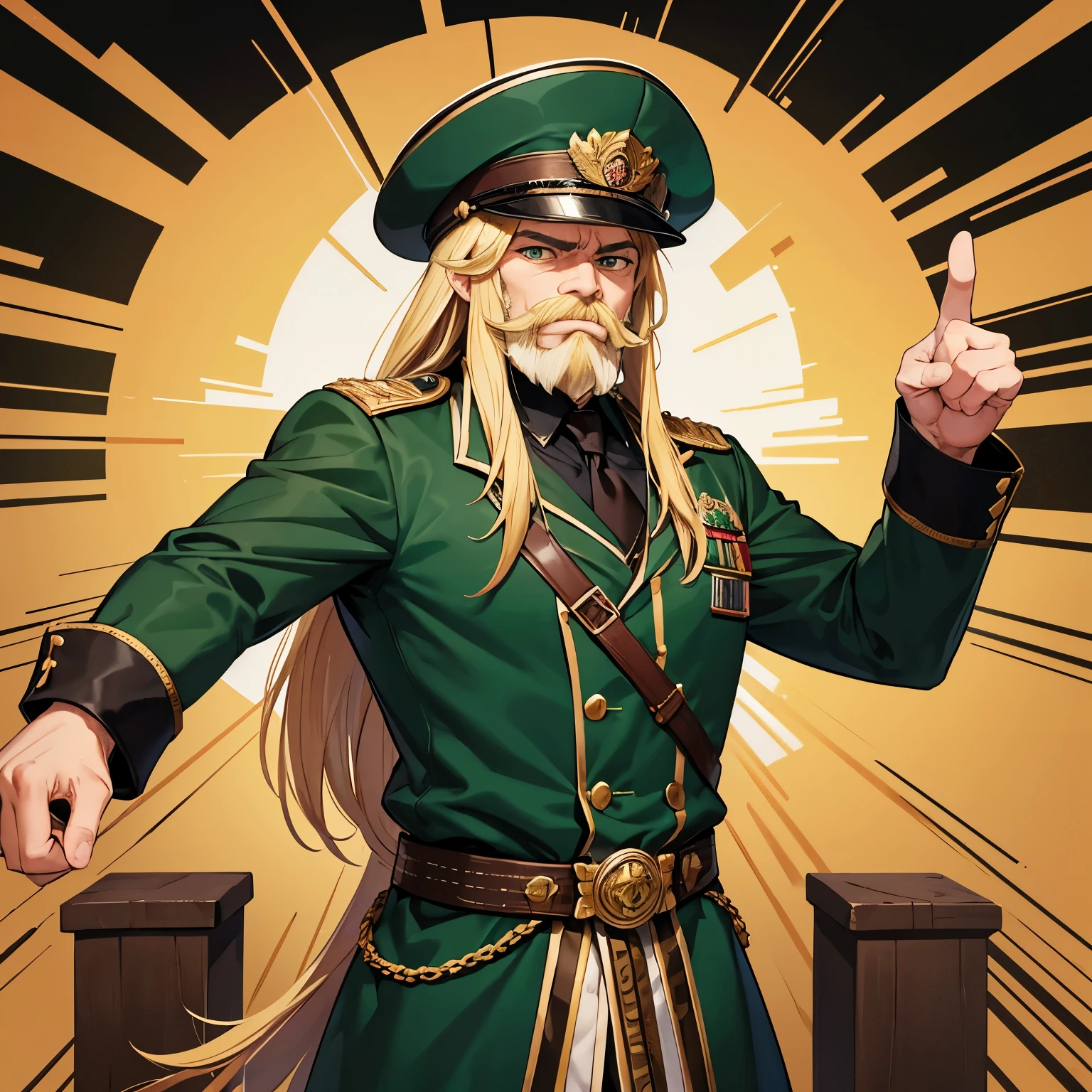 Nobleman,Adult male, angry expression,Hand pointing ,40 years old, mustache and beard, muscular, green eyes, head of the center, blonde hair, long hair, fierce, general's clothes, Standing, imprisoned underground, green general's clothes,Black general's hat