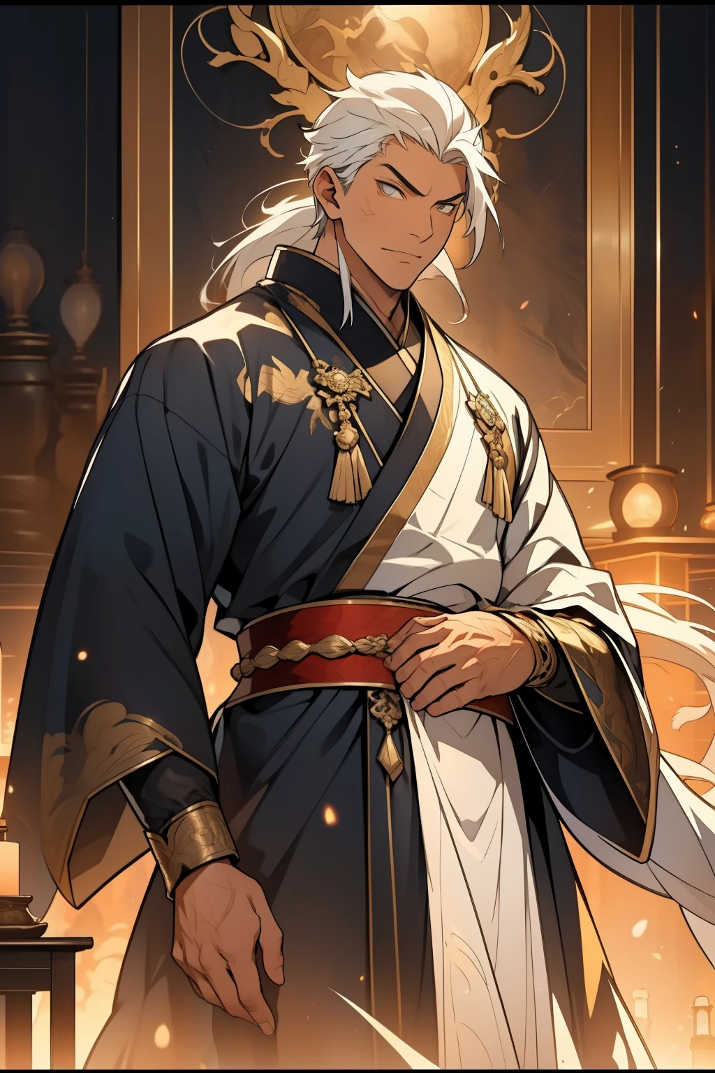 In the intricately detailed world of Mito Kōmon, the Vice-Shogun, a distinguished figure with a noble bearing and a white mane that flowed like a river of silk, ruled with wisdom and grace. Lord Milord, as he was fondly called, stood before his audience, his countenance etched with deep lines of experience and a piercing gaze that held the power to command respect. His attire was a testament to his high rank, adorned with intricate patterns and fabrics that gleamed softly under the warm light of the lanterns. The white mane, which framed his face, seemed to dance in the gentle breeze that flowed through the room, adding