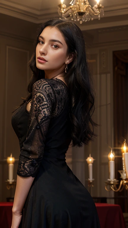 young woman, long black hair, perfect, attractive, model, slim, perfect model, dynamic pose, ultra realistic, detailed, HD, wearing long red dress with diamonds, sparkling earrings, elegant dress, luxury, detailed victorian salon background, smoke , candles, chandeliers, large windows, sun rays, detailed, good quality, realistic, detailed