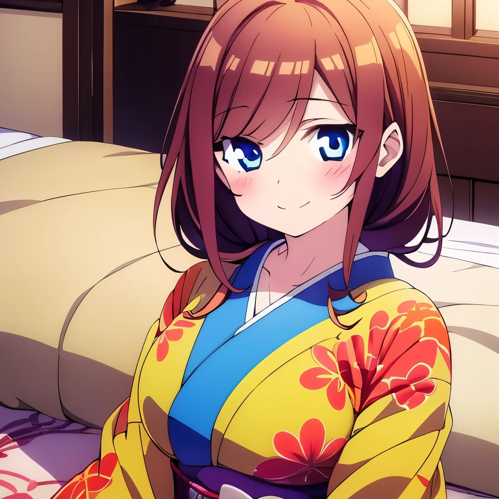 ((masterpiece)), ((best quality)), (ultra-detailed), anime style, on the bed, a cute girl, 1girl, solo, kimono, japanese cloth, ((beautiful eyes)), smile, ((open chest)),