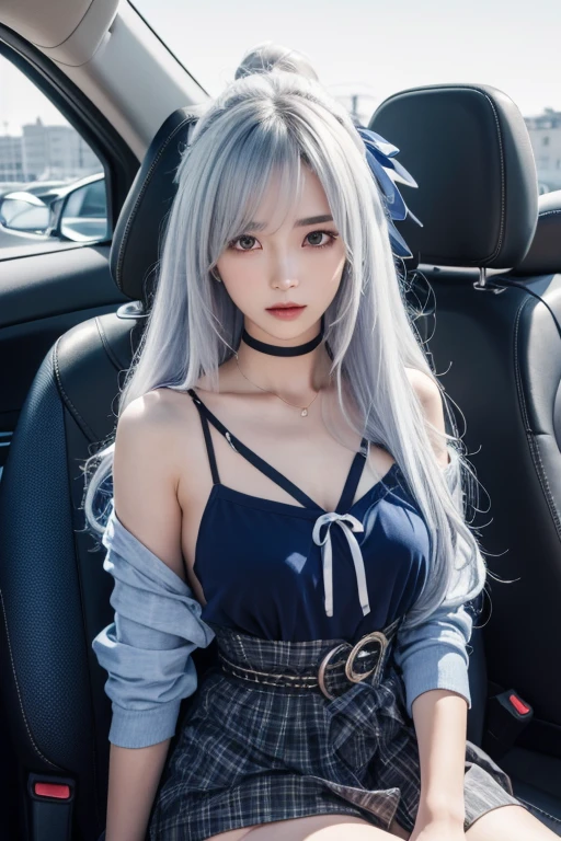 Anime Style、White skin、White Hair、Blue streaks at the end of your hair、look up、Blue streaks at the end of your hair、Blue streaks at the end of your hair、Blue streaks at the end of your hair、Big, eye-catching details、dark、feminine、High Frequency ((( Sharpness ))) ))、((Sharp Focus: 1.2) Face_v1: 0.7) hand、Best Design High Resolution Wallpaper、Original High Resolution、Bare legs、Showing chest、(Works - Masterpieces - Representative Works:1、2) 。 detailed: Brownのトップと黒のスカートを着た女性、黒とBrown、Brownの服、黒とBrown、Bold Cropped T-Shirt、Removable sleeves、Wearing simple tight clothes、Brown、darkブラウンを着て、Brownのシャツ、high waist black skirt、slender girl pictures、Layering、Adult women、night、In the car、Car scene、makeup and lipstick、night間、nightの車の背景