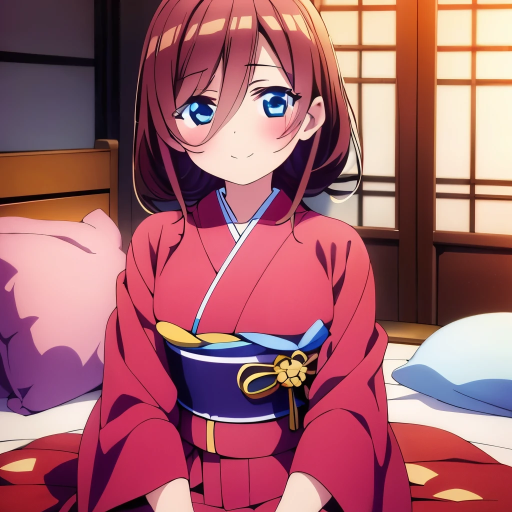 ((masterpiece)), ((best quality)), (ultra-detailed), anime style, on the bed, a cute girl, 1girl, solo, kimono, japanese cloth, ((beautiful eyes)), smile,