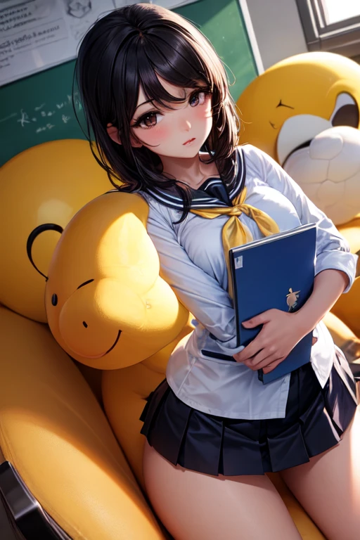 Chica de piel blanca, con cabello corto negro con mechones rojos, detailed dynamic angle, chica con busco grande, ojeras, con una traje de colegiala, sentada en una escuela
